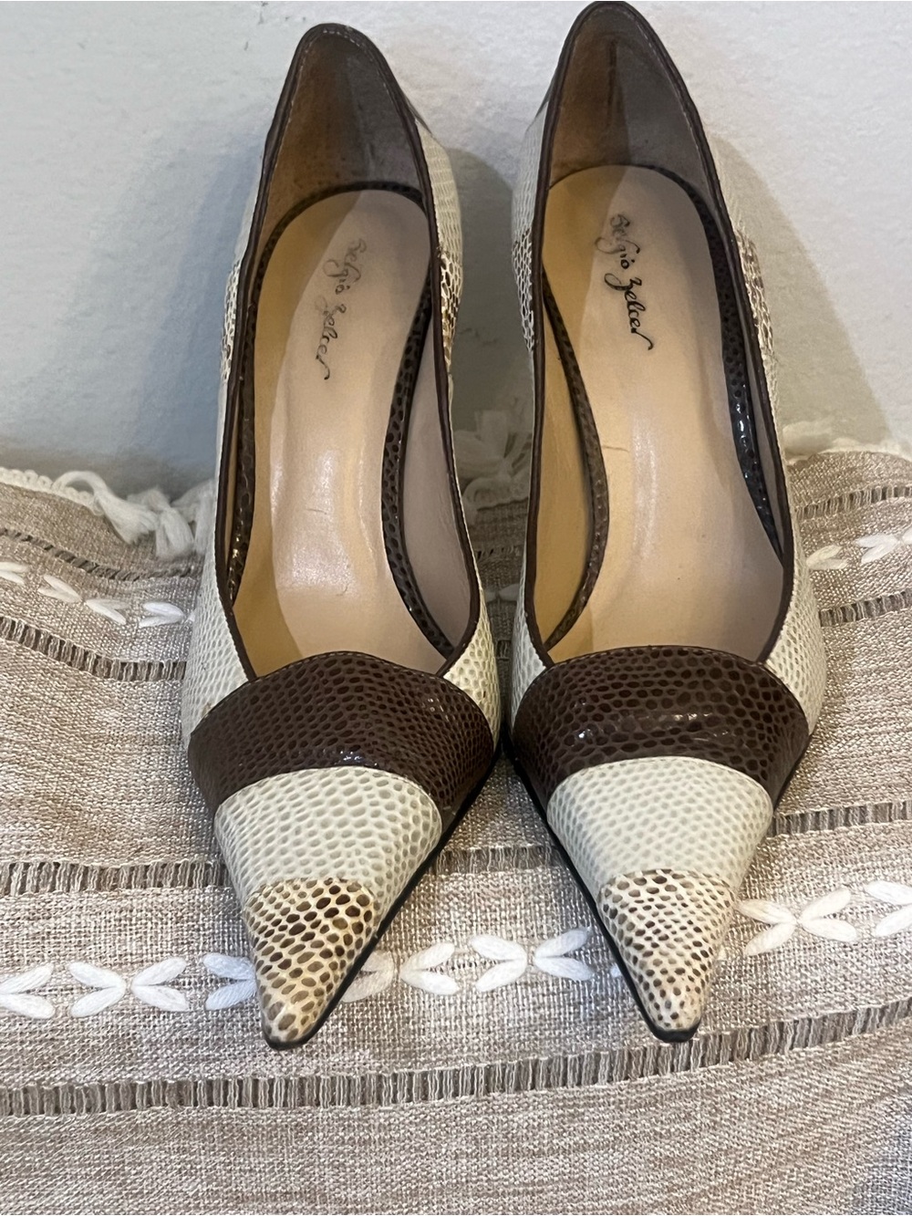 Sergio Zelcer Brown and Cream Pointed Toe Snakeskin Pumps - Picture 2 of 6